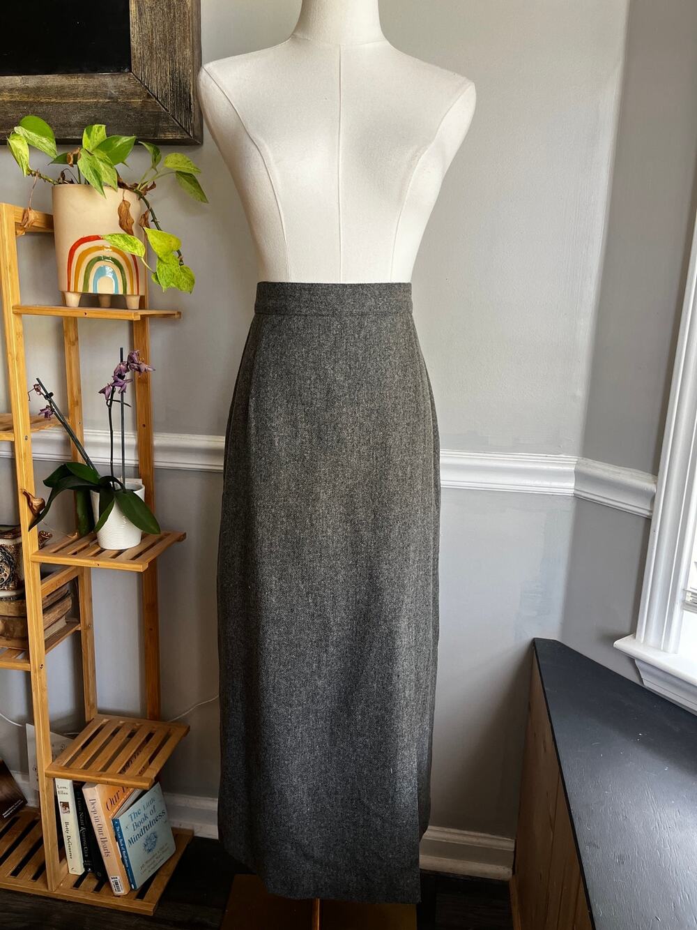 Vintage 90s Gray Wool Maxi Pencil Skirt Size Large